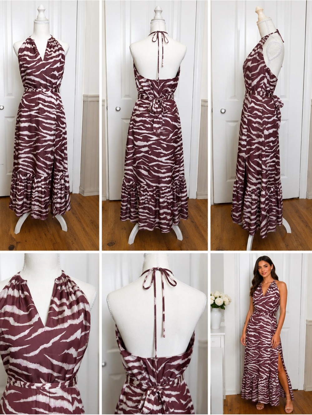 PAIGE Halter Maxi Dress in Wine and Ivory Zebra